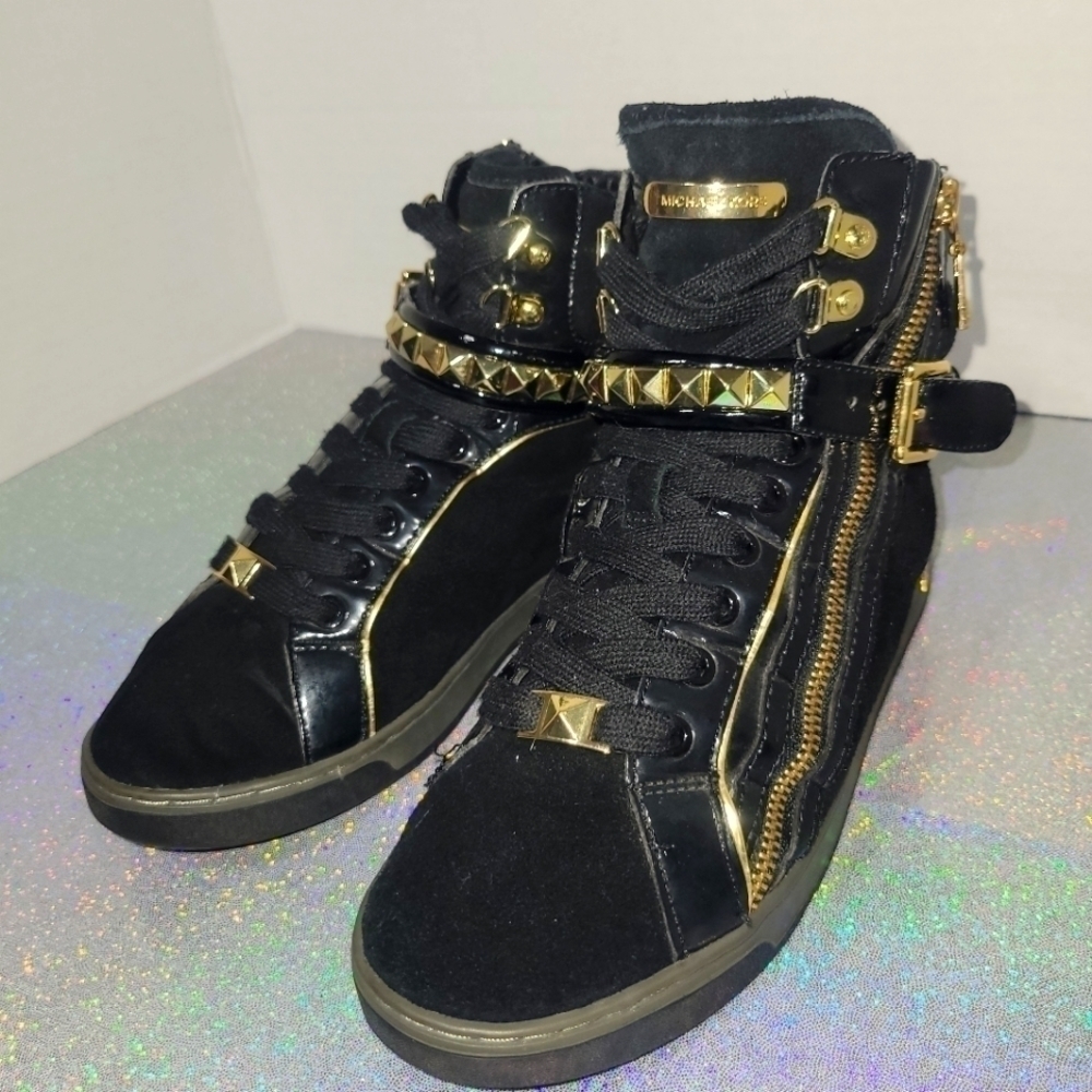 Michael Kors Black Suede Gold Studded High Top Sneakers zipper buckle